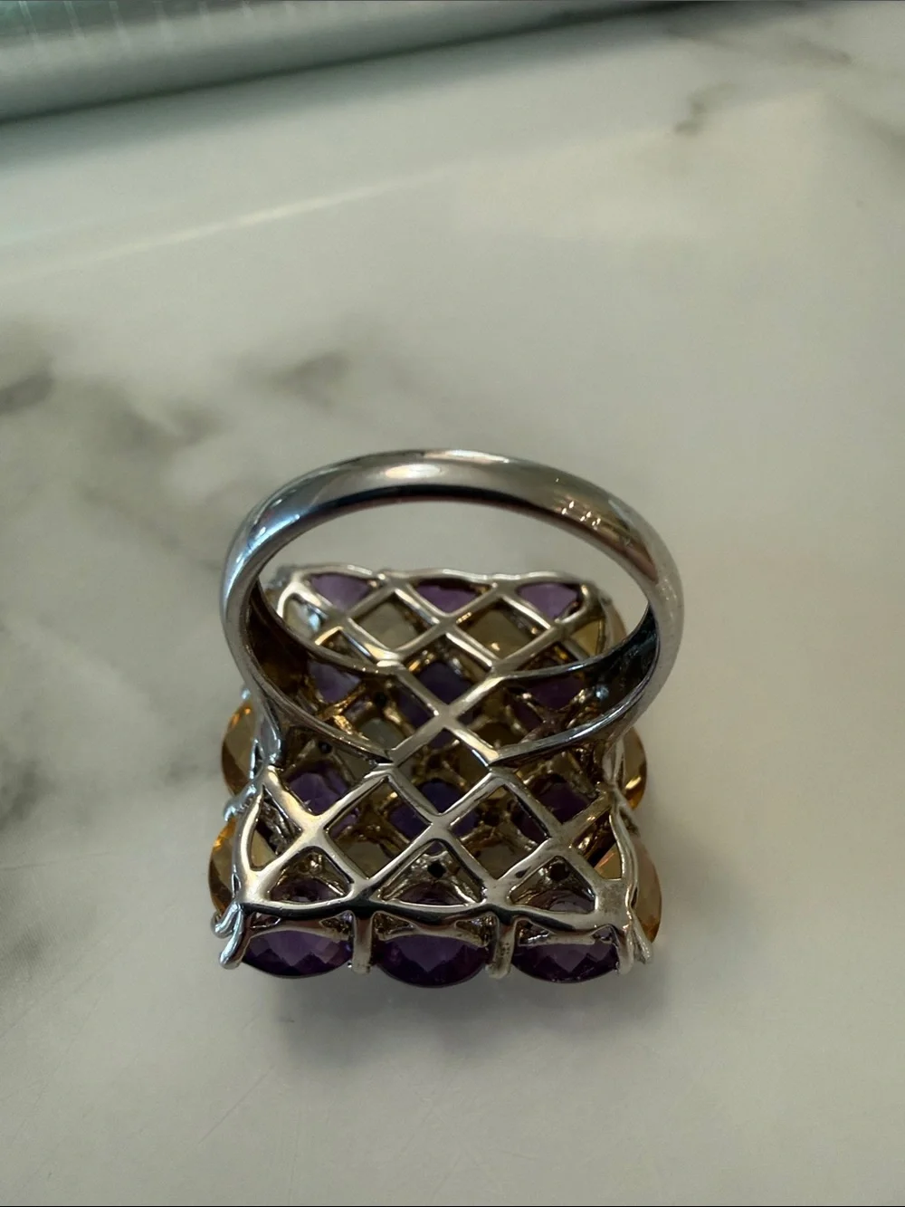Amethyst-garnet-topaz silver checkerboard ring, size 8